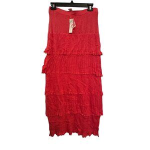 Christina Womens Red Tiered Maxi Skirt L 55% Linen 45% Cotton